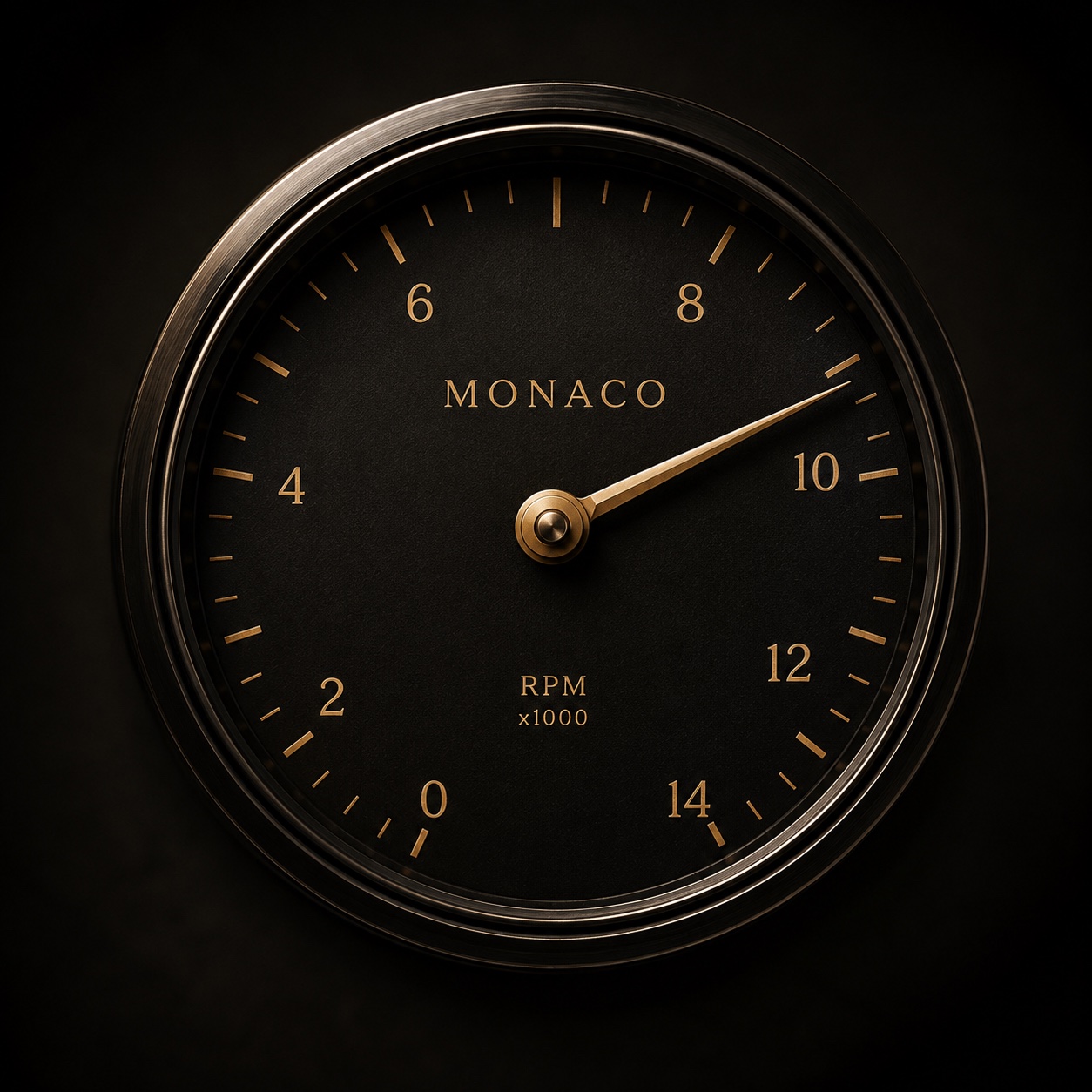 A Monaco tachometer photographed head on, its brass needle and markings against a black dial.